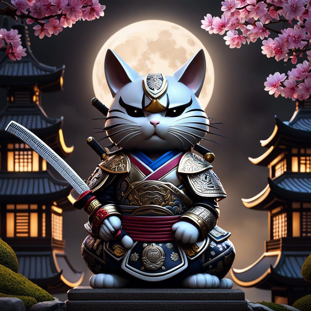 Maneki Neko Samurai Warrior in Moonlight