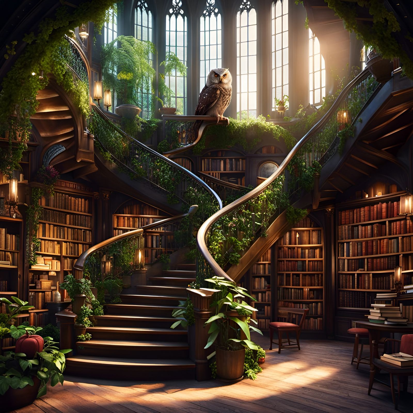 Cozy Bookstore with Spiral Staircase: Matte Painting