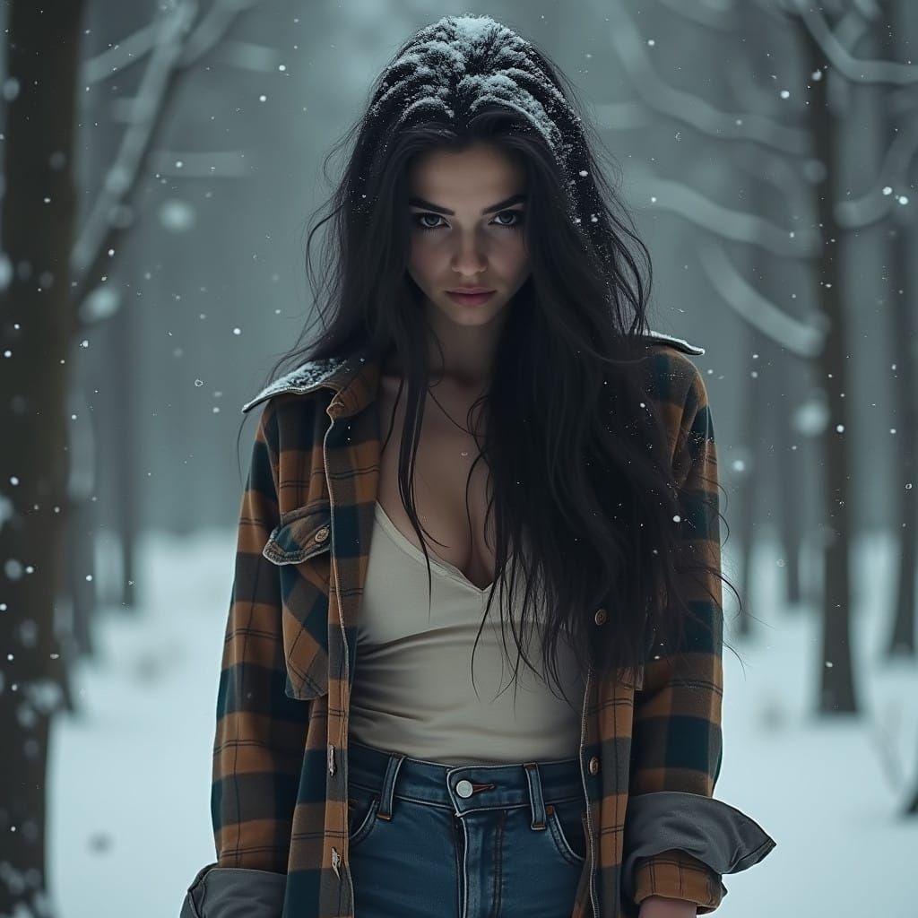 Mysterious Woman in Frosty Winter Landscape