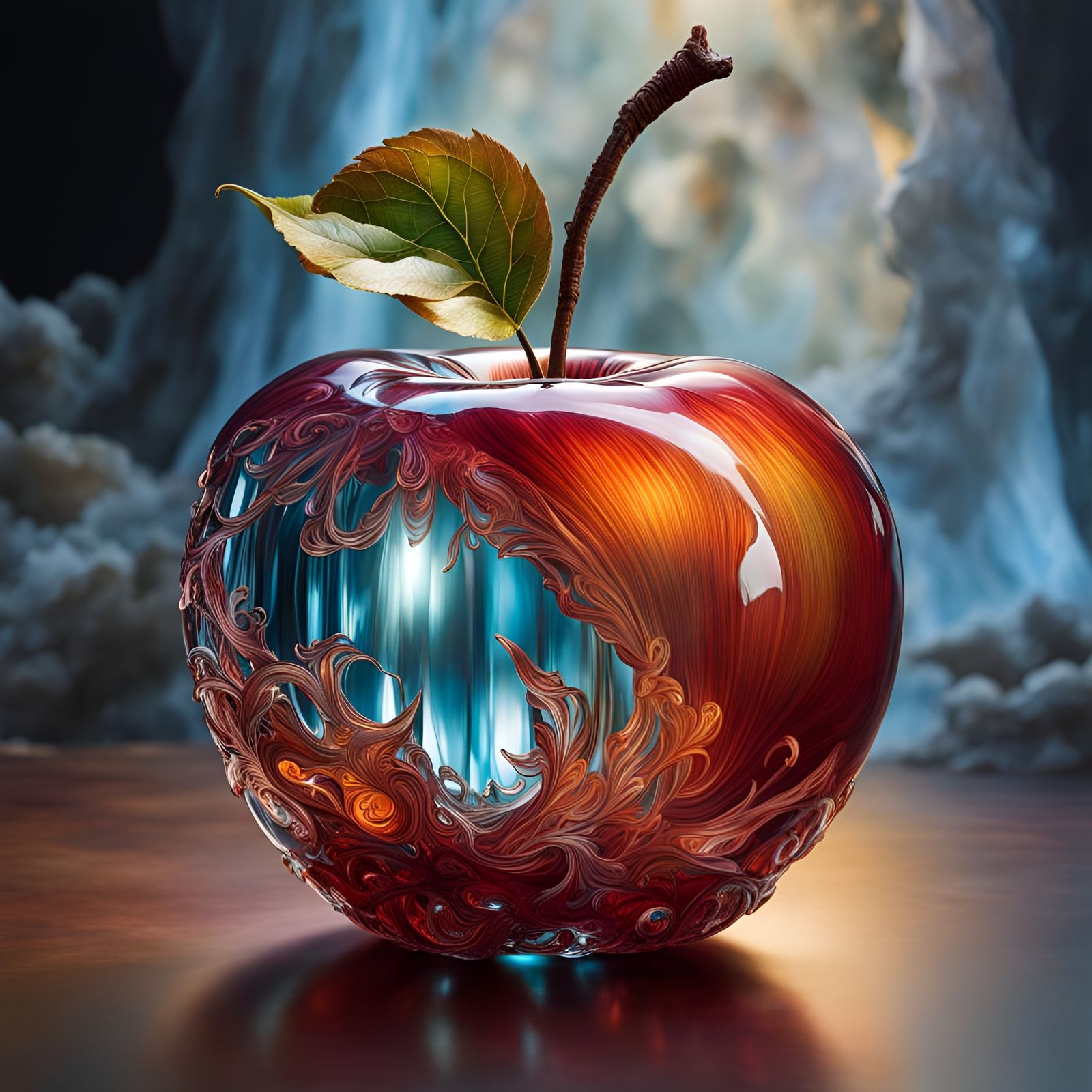 Hyperrealistic Crystal Ghost Apple in Folk Art Style