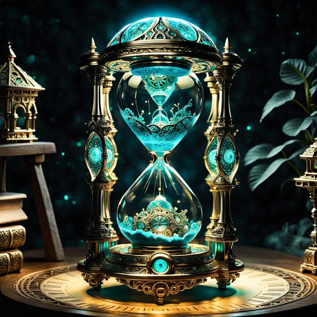 Luminous Mechanical Hourglass in Dreamy Night