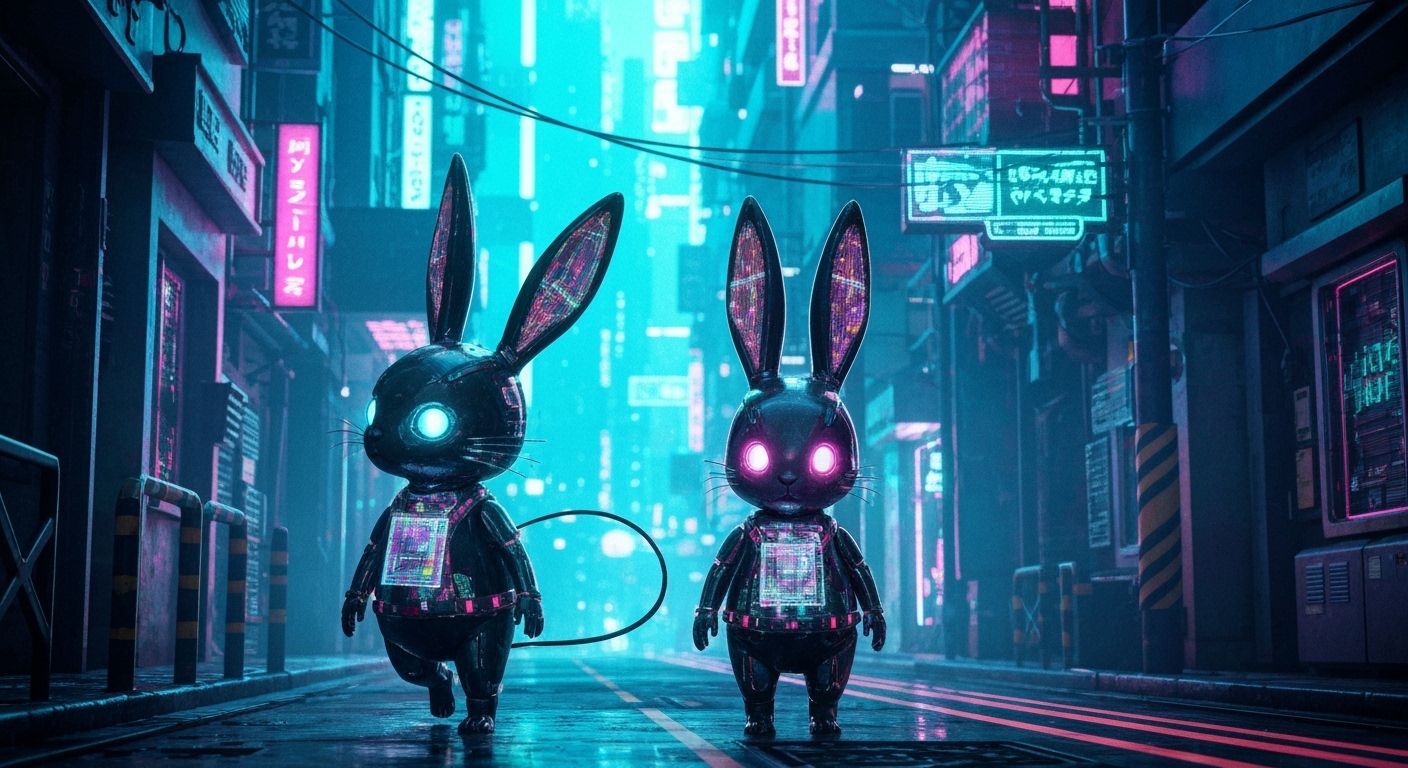 Cybernetic Rabbits in Neon-Lit Futuristic City