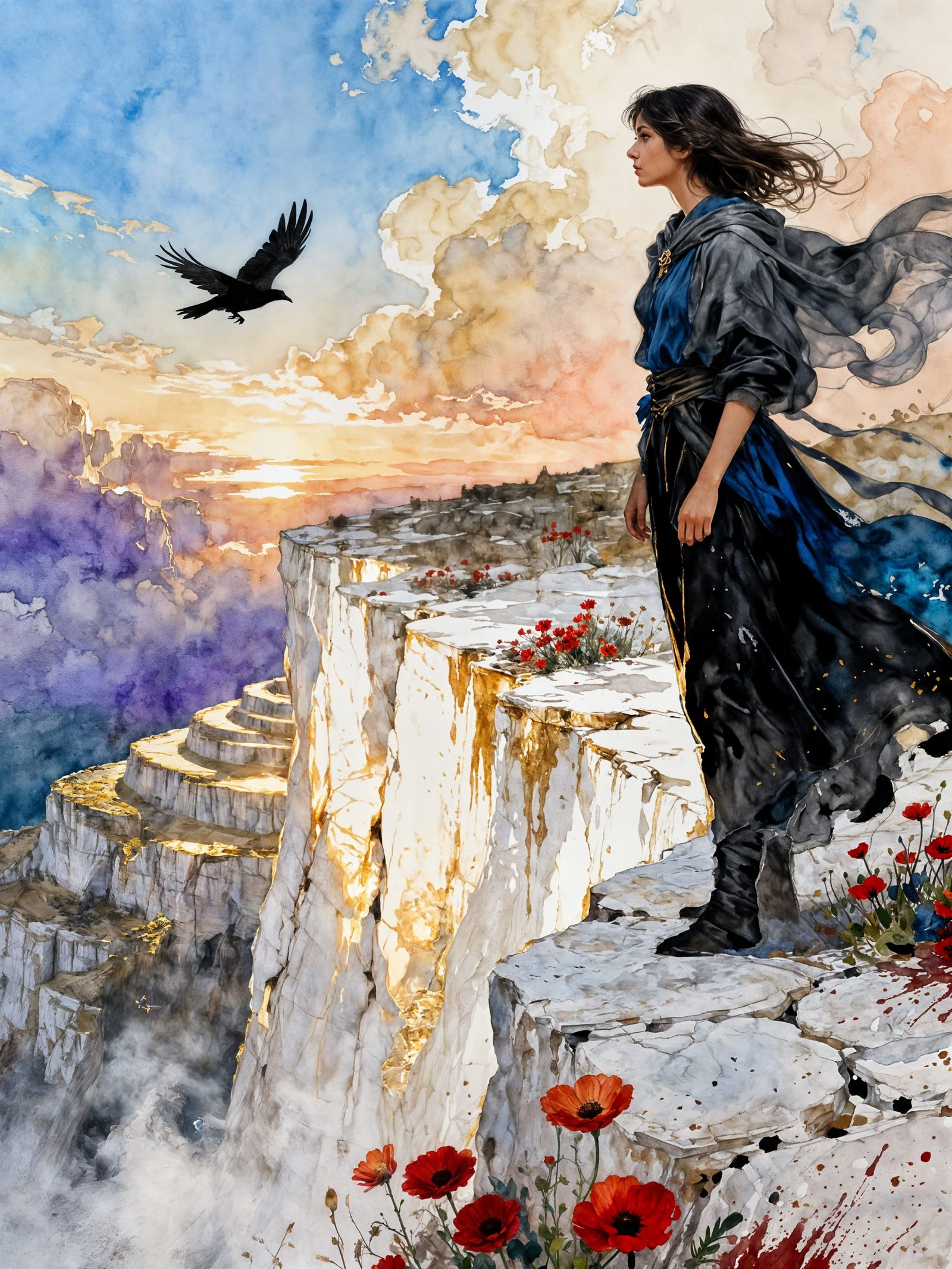 Fantasy Woman on Cliff at Sunrise Watercolor Illustration