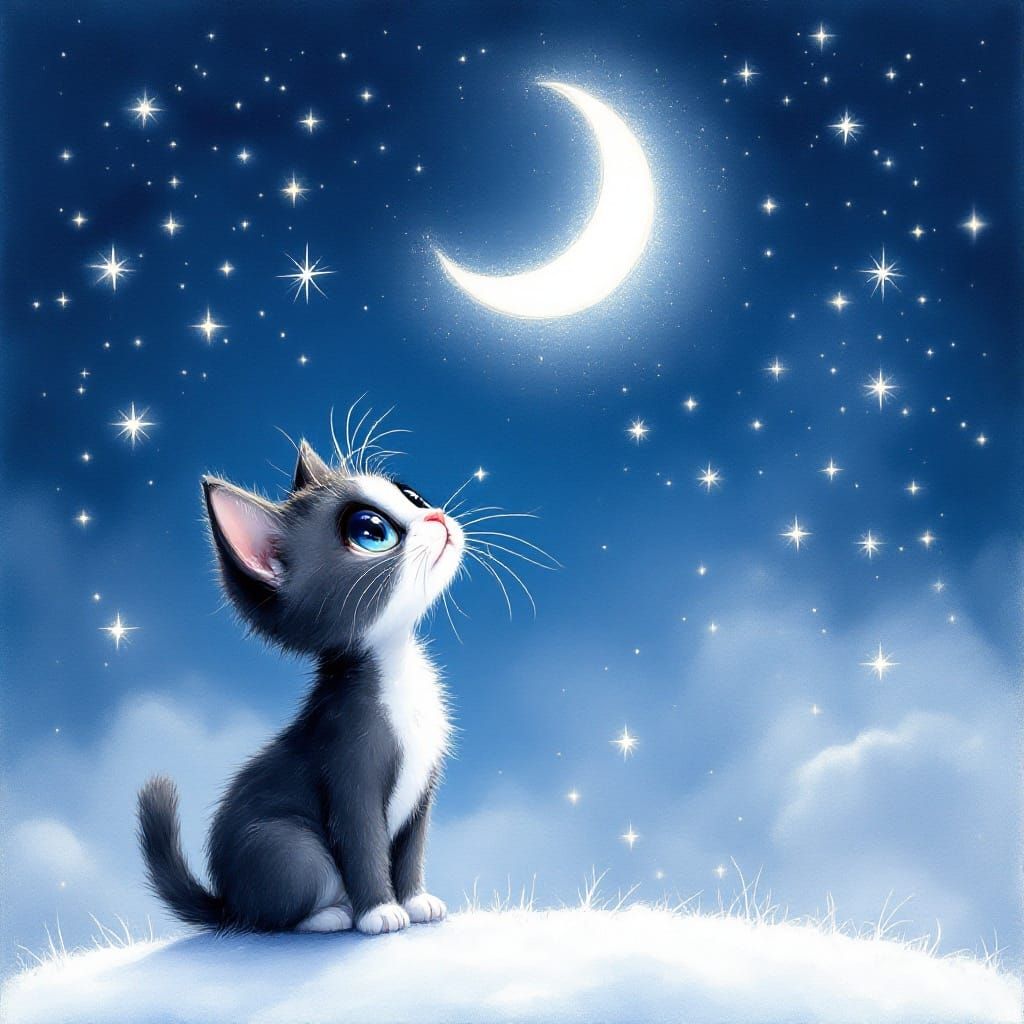 Kitten Gazes at Moon in Watercolor Style