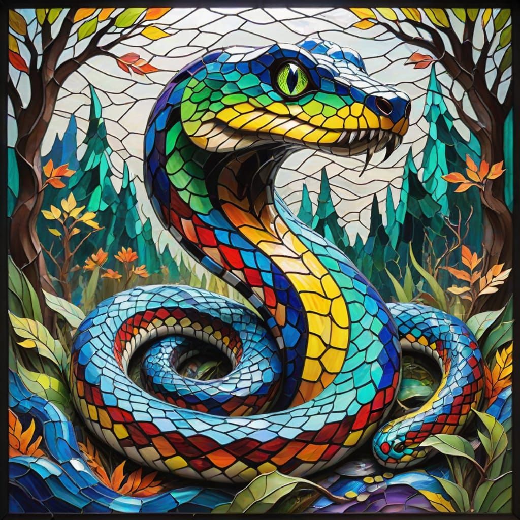 Vibrant Stained Glass Kaiju Snake Towering Over a Forest