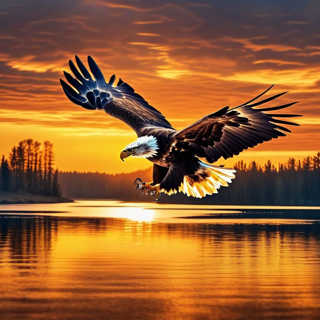 Eagle Soaring Over Lake at Warm Sunrise