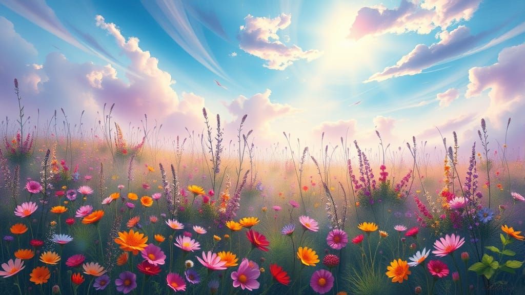 Ethereal Spring Meadow with Vibrant Tessellations