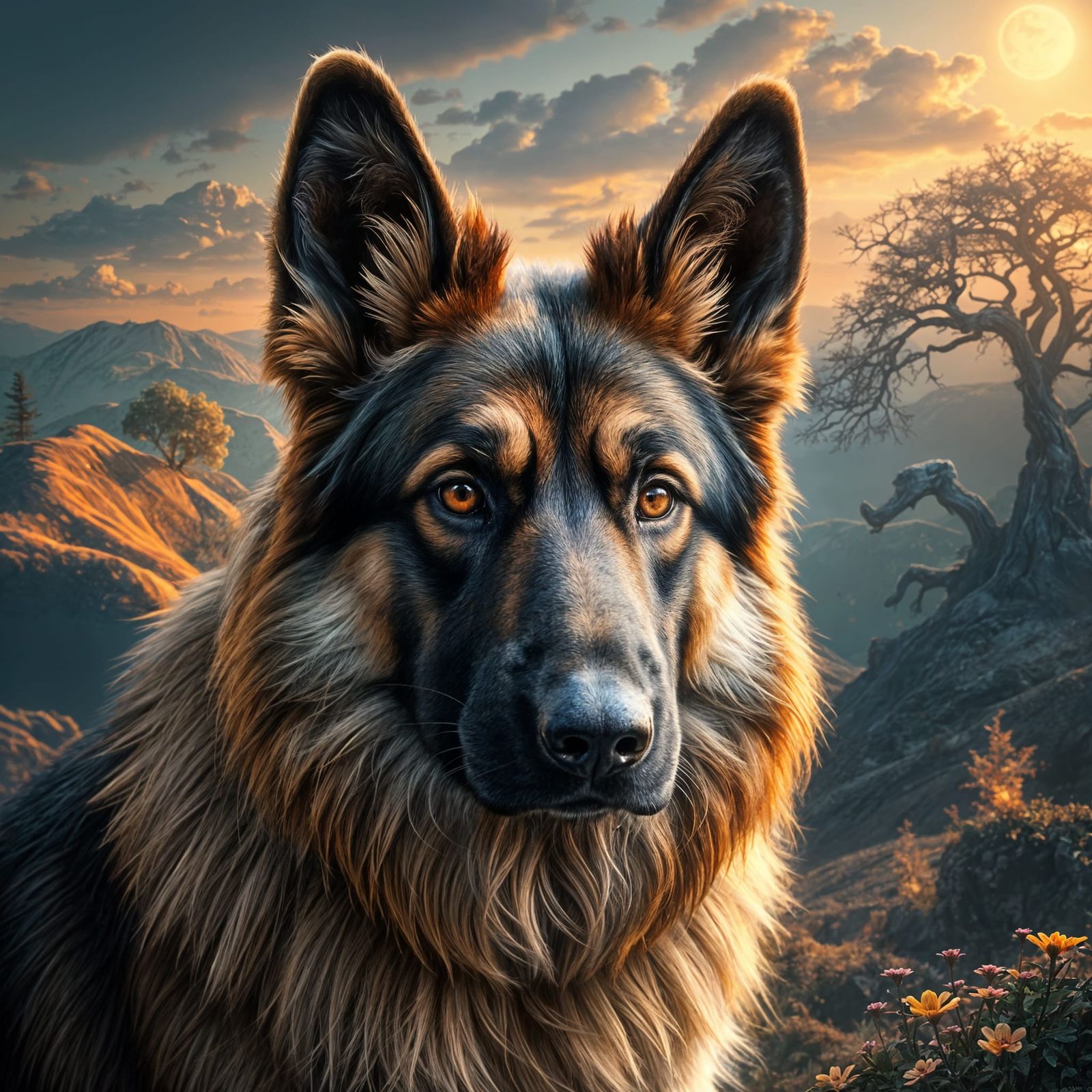 Fantasy German Shepherd in Enchanted Landscape