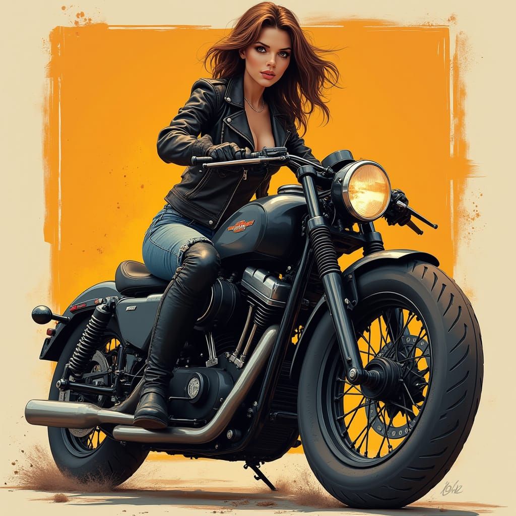 Strong Woman Riding Black Motorcycle in Futuristic Style