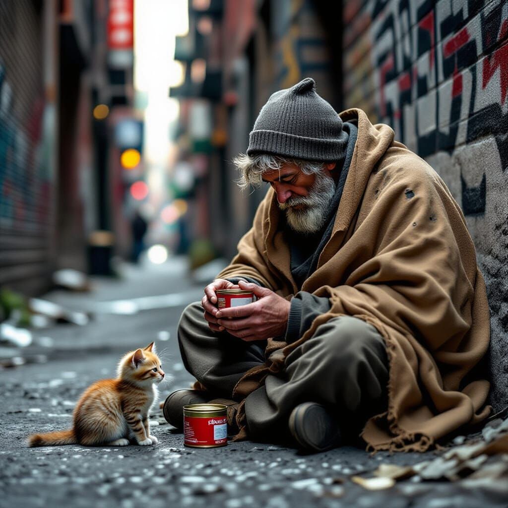 Homeless Man and Kitten in Gritty Alley