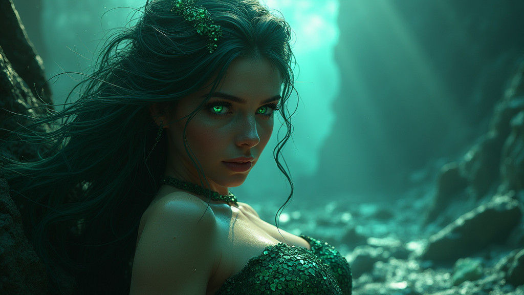 Emerald-Eyed Siren in Shipwreck, Digital Art