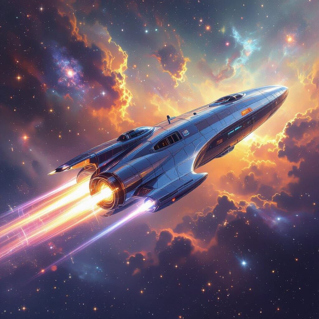 Massive Chrome Starship in Vibrant Nebula