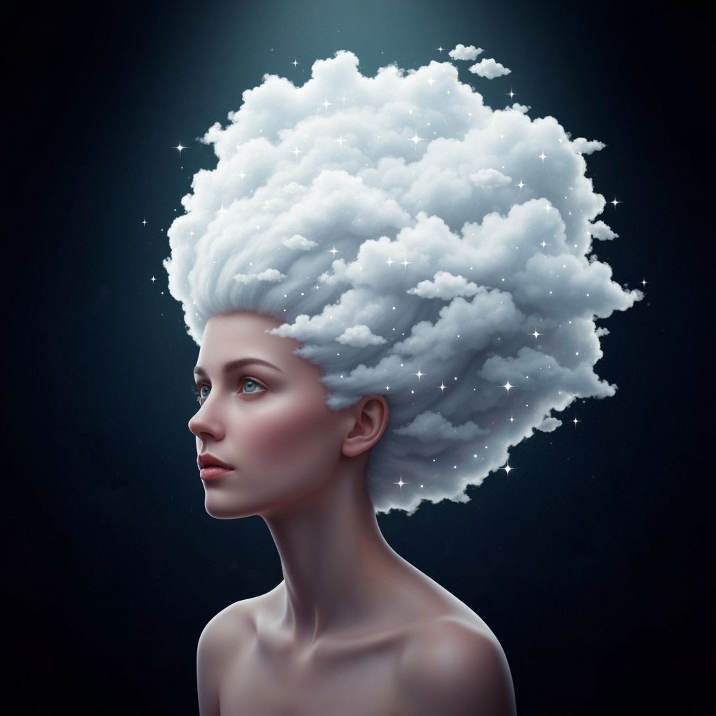 Woman with Cloud Hair in Surreal Digital Art
