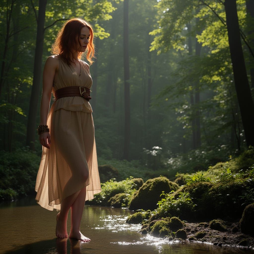 Auburn Haired Princess Steps into Forest Stream