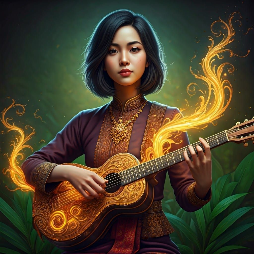 Mystical Thai Guitarist Amidst Vibrant Ethereal Landscape