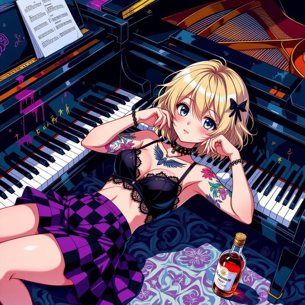 Anime Girl with Wings Tattoo on Piano