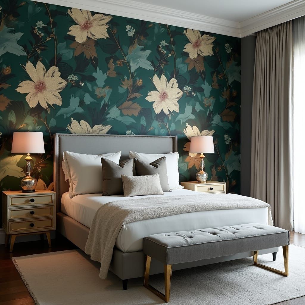French Modern Bedroom with Botanical Wallpaper