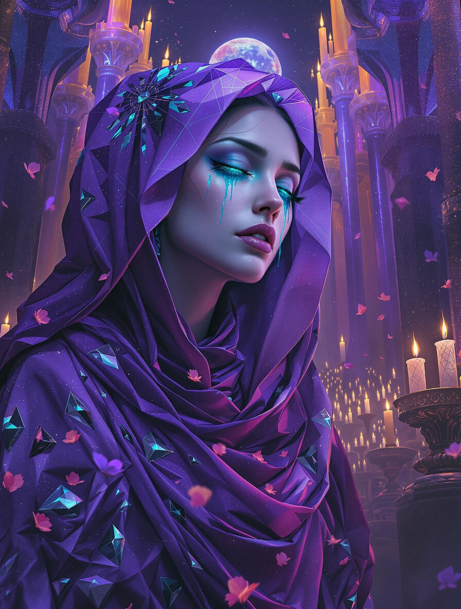 Ethereal Goddess of Sorrow in Lavish Violet Robes Amidst Cos...