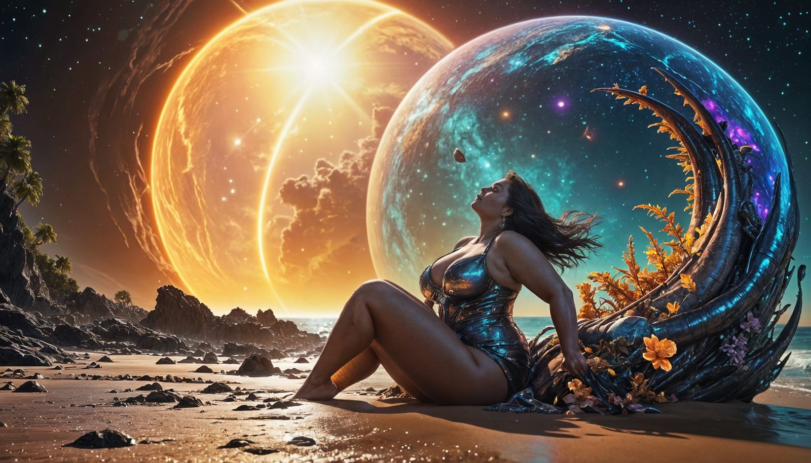 Radiant Woman Relaxing on Alien Beach in 8K