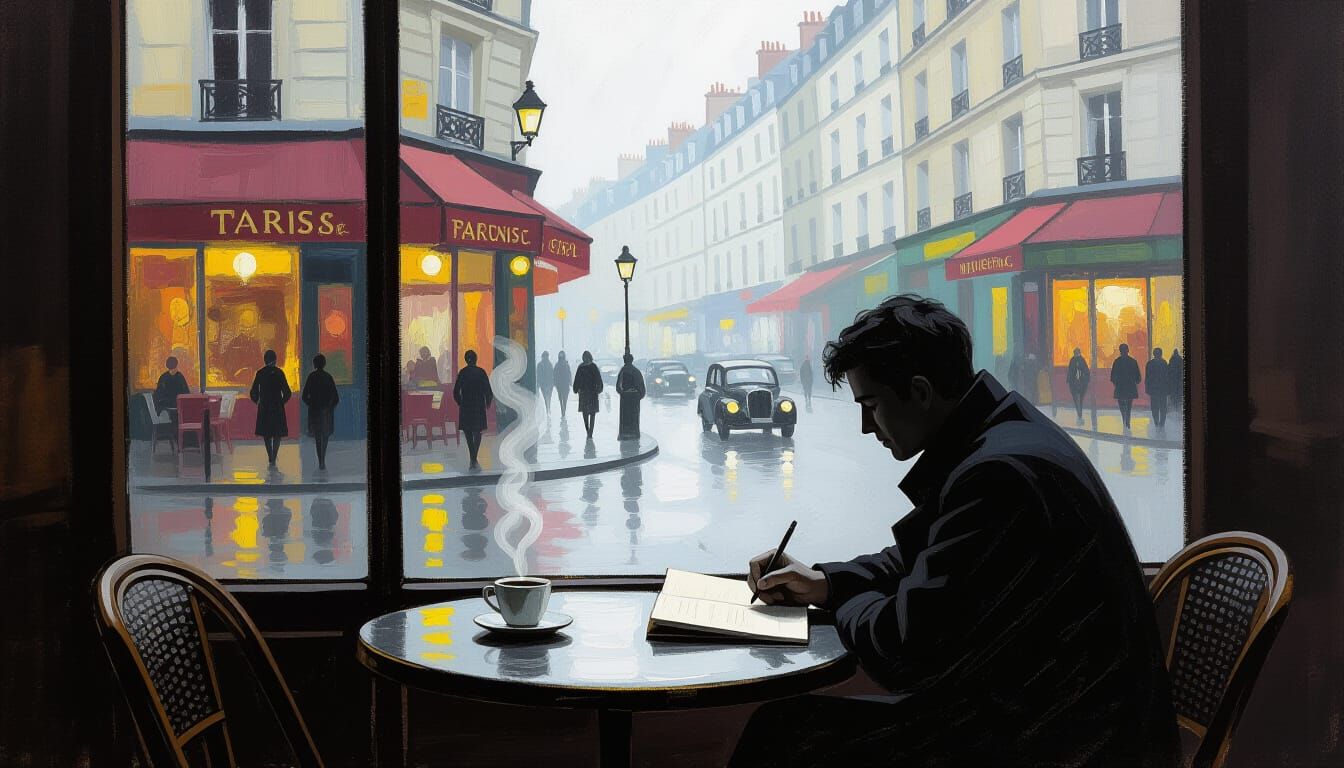 Parisian Cafe Scene: Artist Sketching in Dim Light