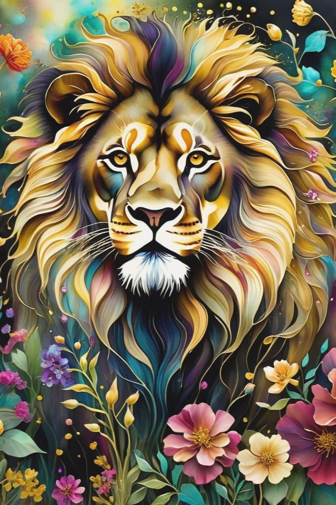 Lion in Summer Garden with Alcohol Ink