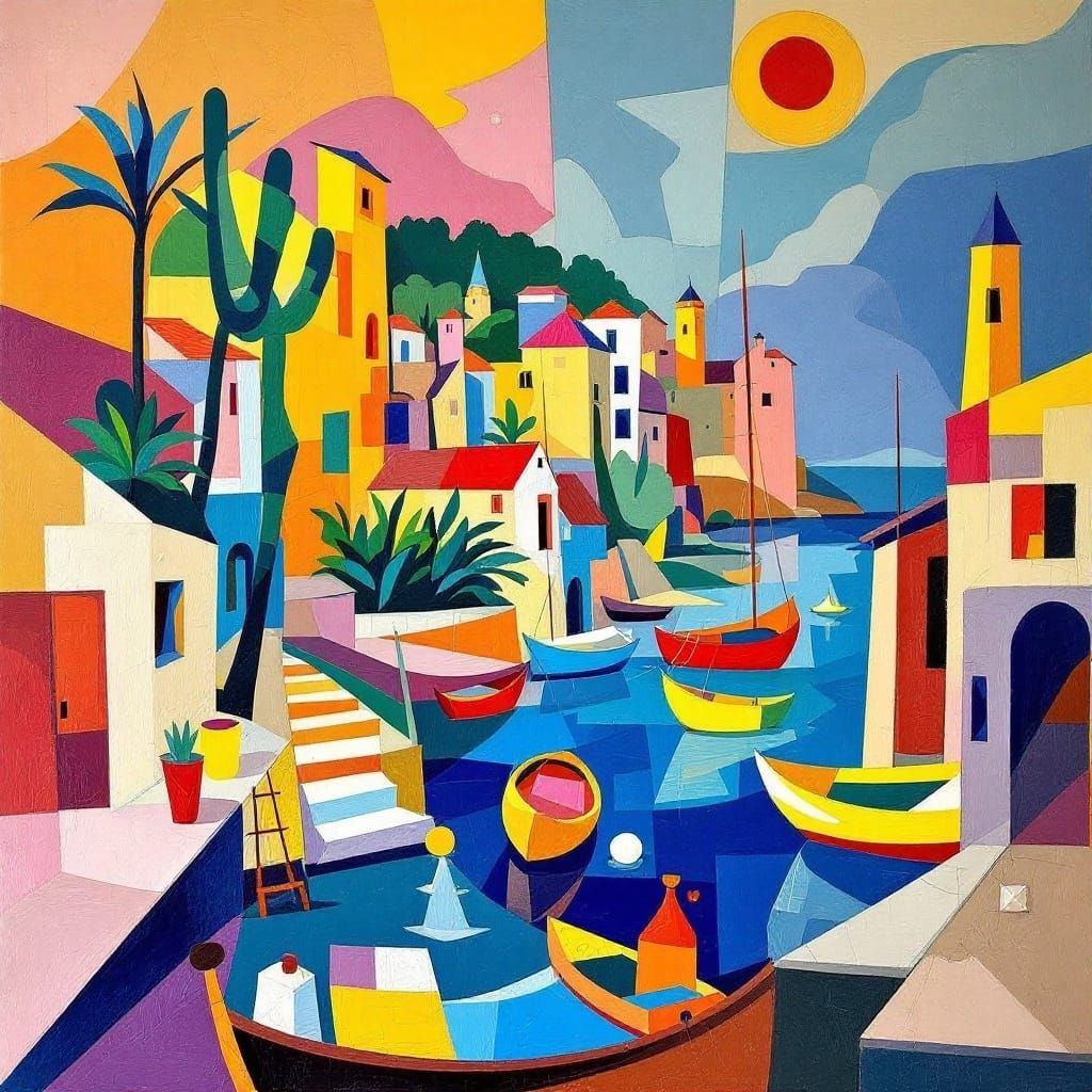 Vibrant Cubist Still Life of Mediterranean Harbor