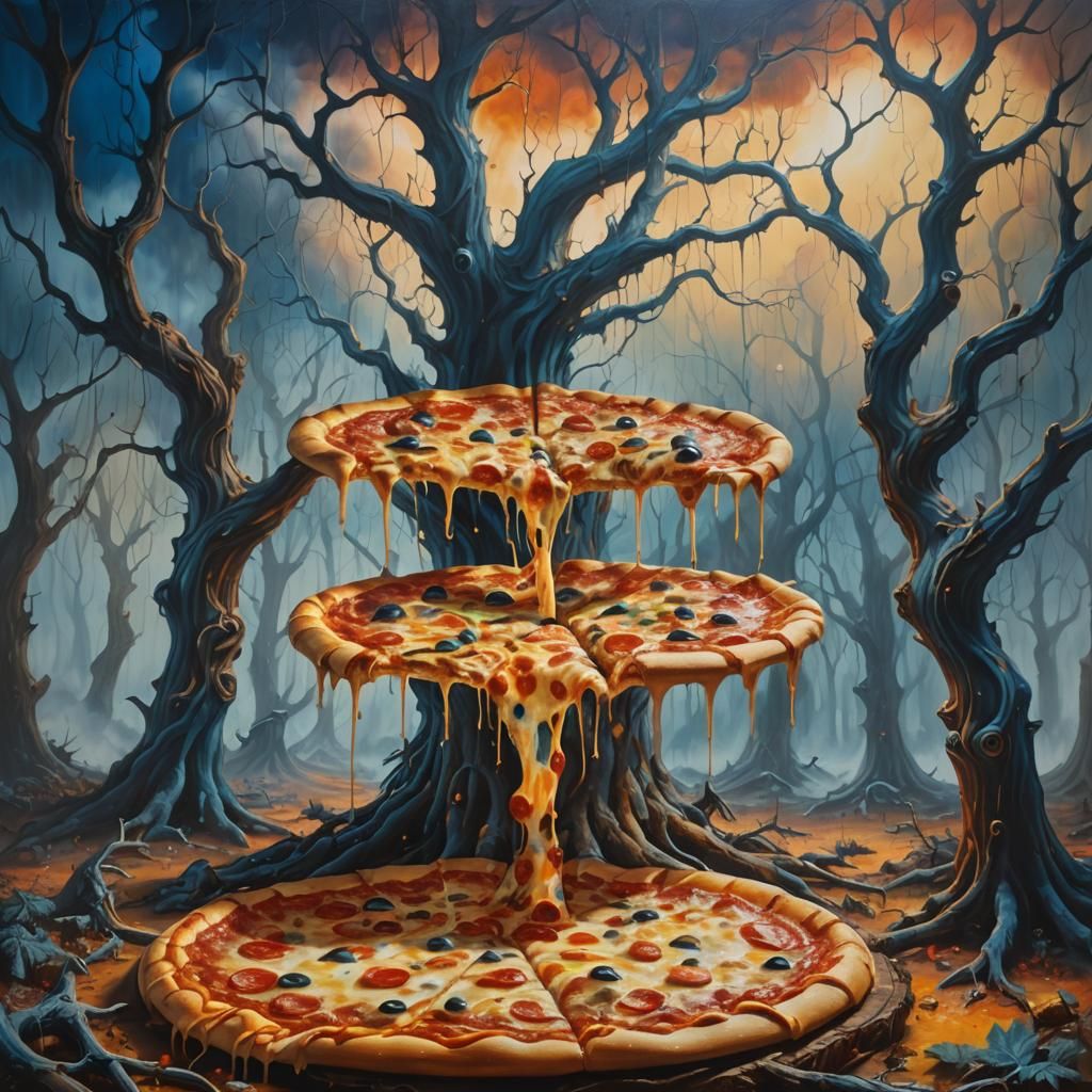 Giant Pizza in Dreamlike Forest, Salvador Dali Style