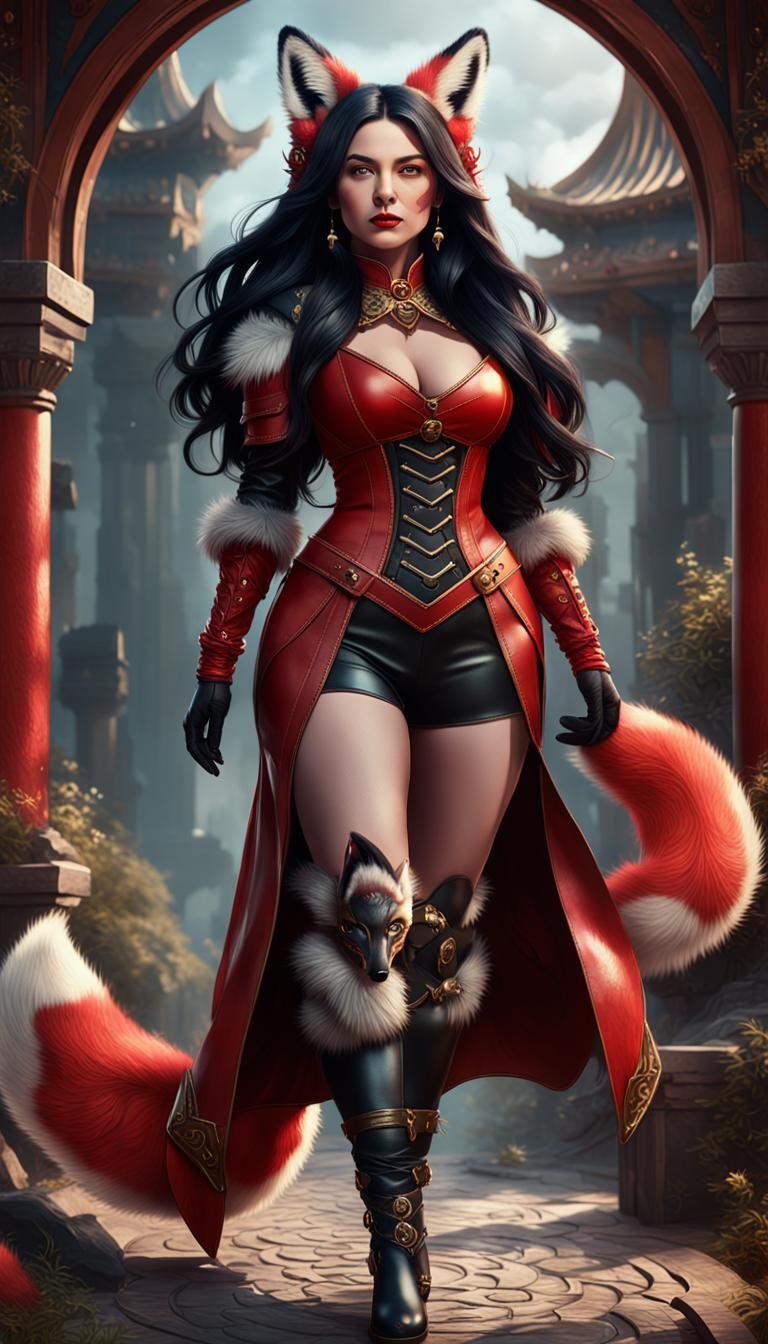 Fox-Eared Woman in Red Armor: Fantasy Portrait