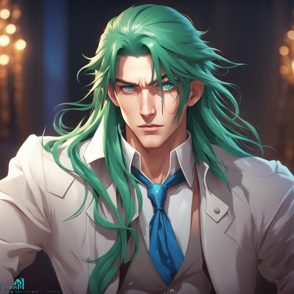 Elegant Anime Man with Green Hair Portrait