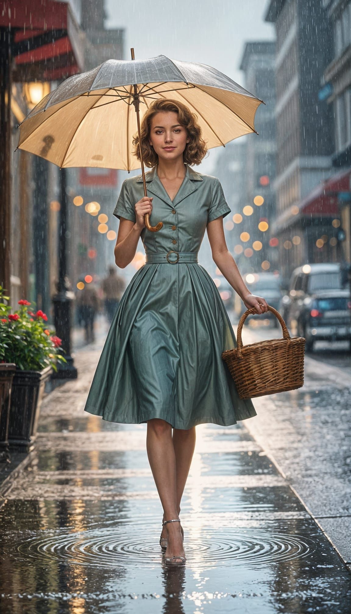 1950s Tradwife Walking in Rain, Hyperrealistic Style