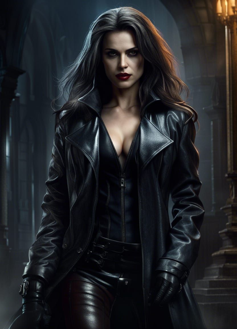 Gorgeous Vampire Selene in Leather Trench Coat Portrait