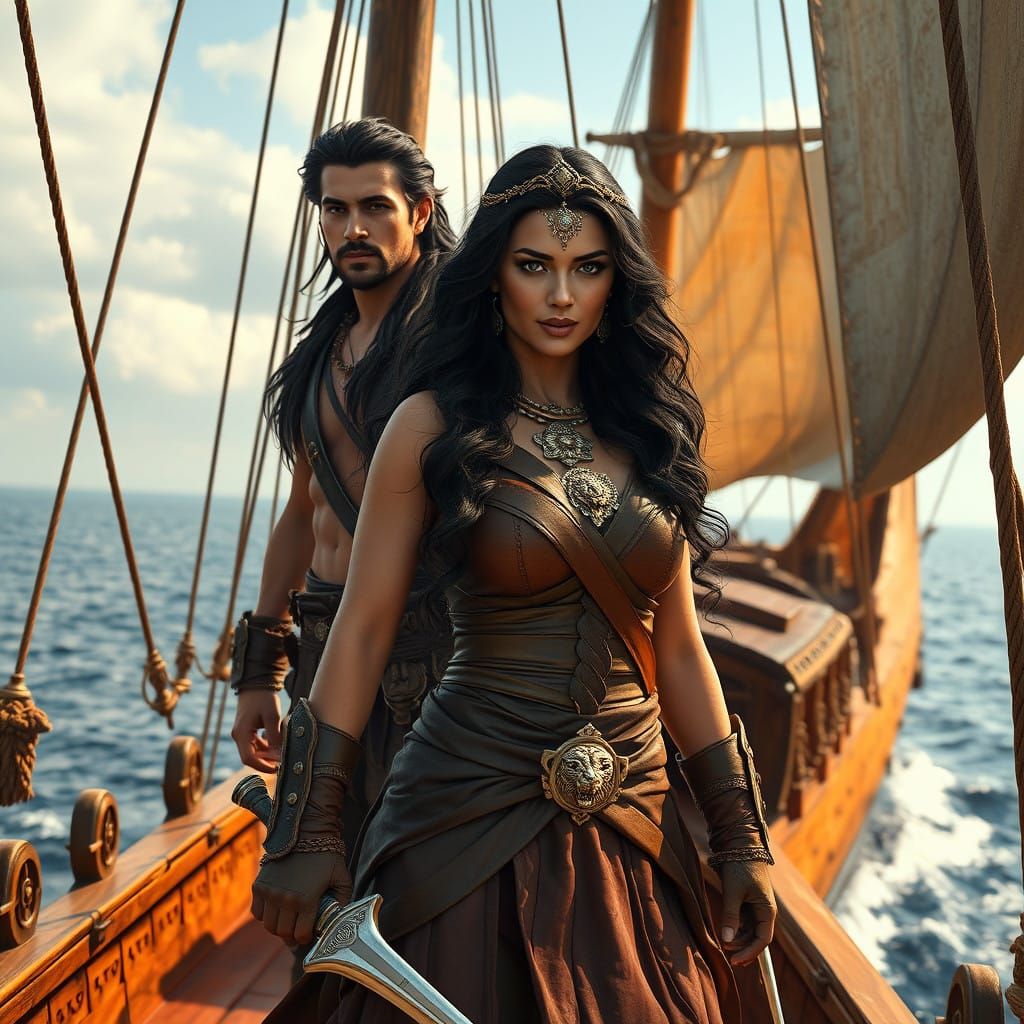 Regal Persian Warrior Princess in Earth-Toned Leather Armor