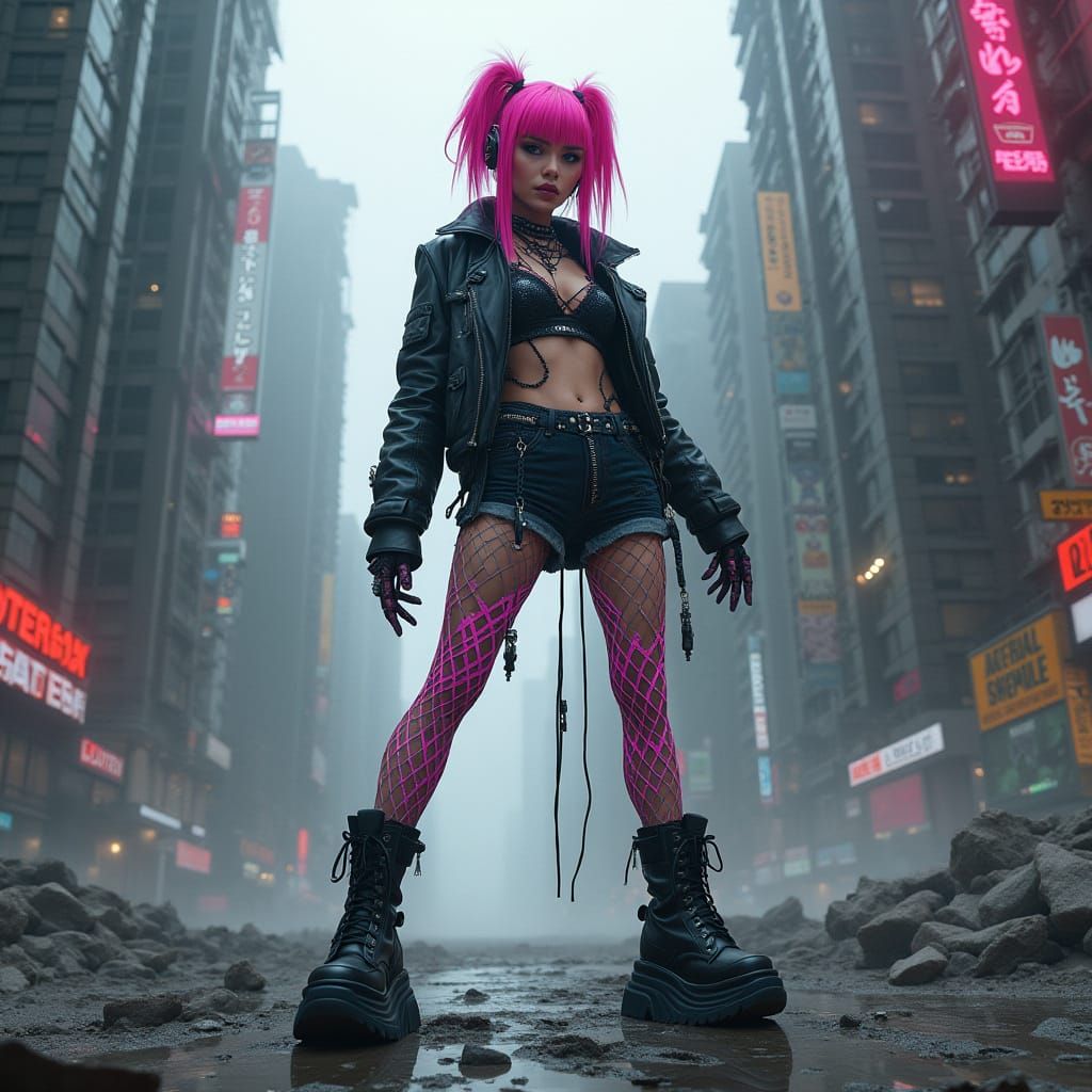 Cyberpunk Cyborg in Ruined Cityscape