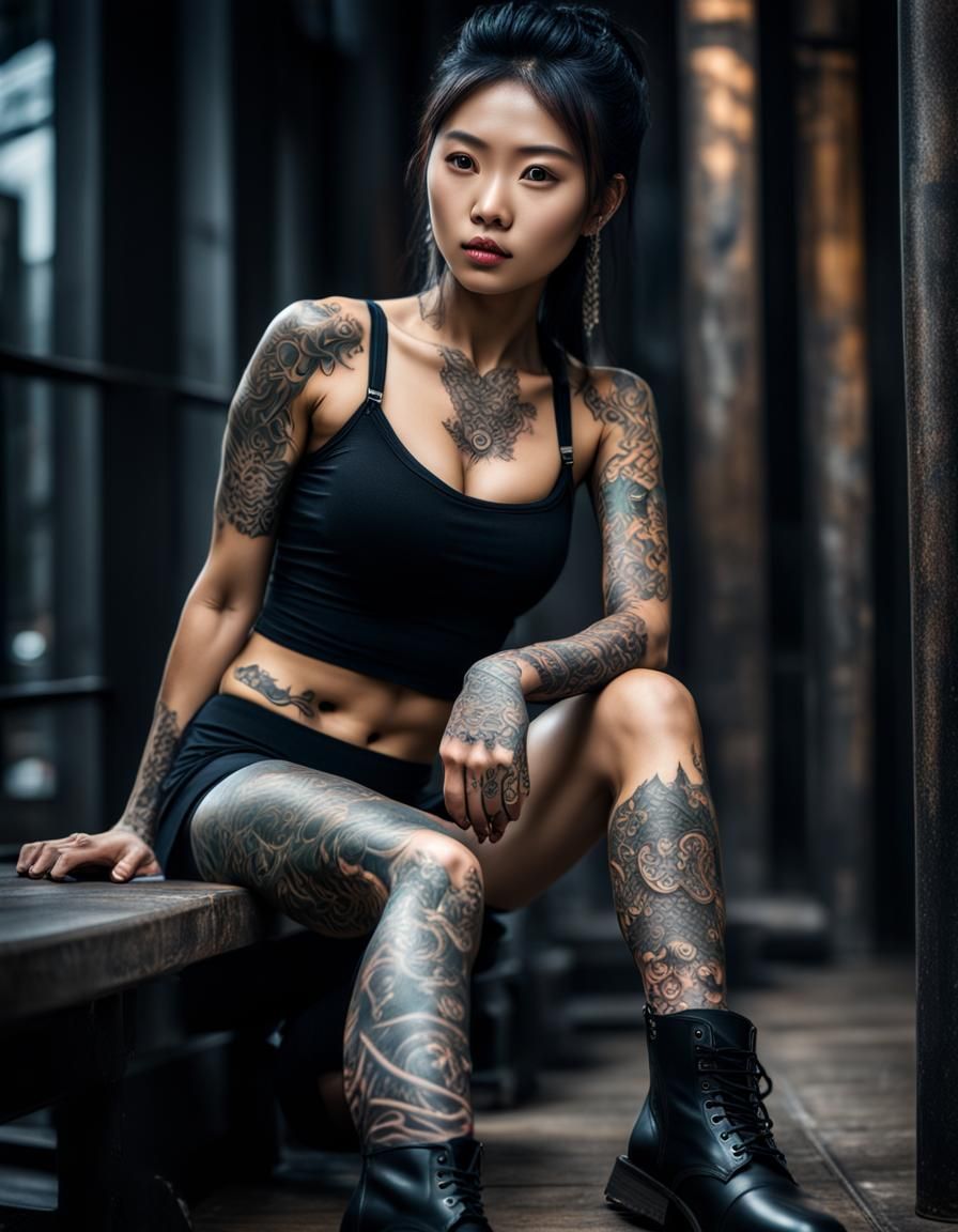 Hyperrealistic Asian Teen with Tattoo in HDR
