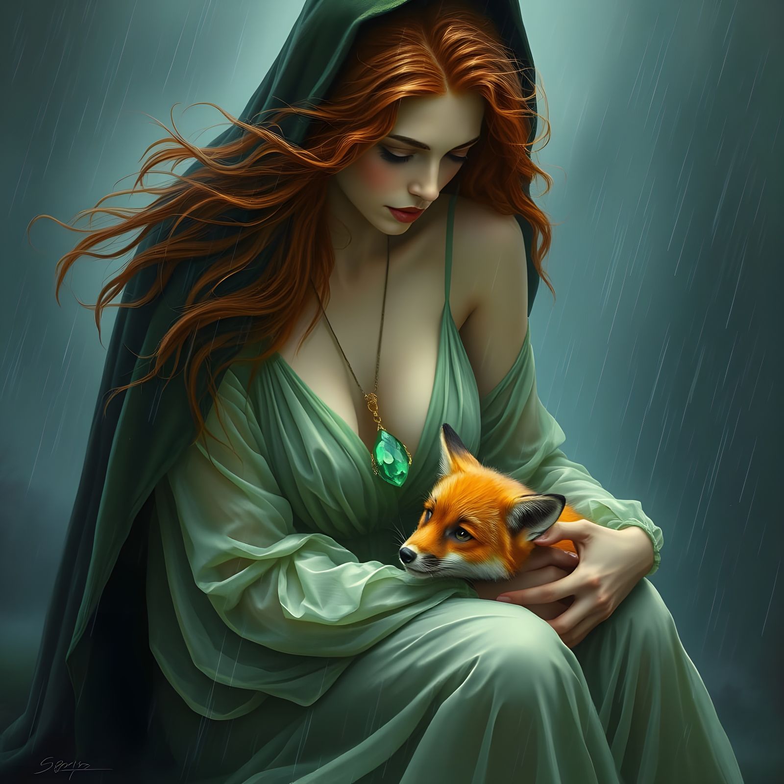 Norse Goddess Protects Shy Fox Pup in Summer Storm