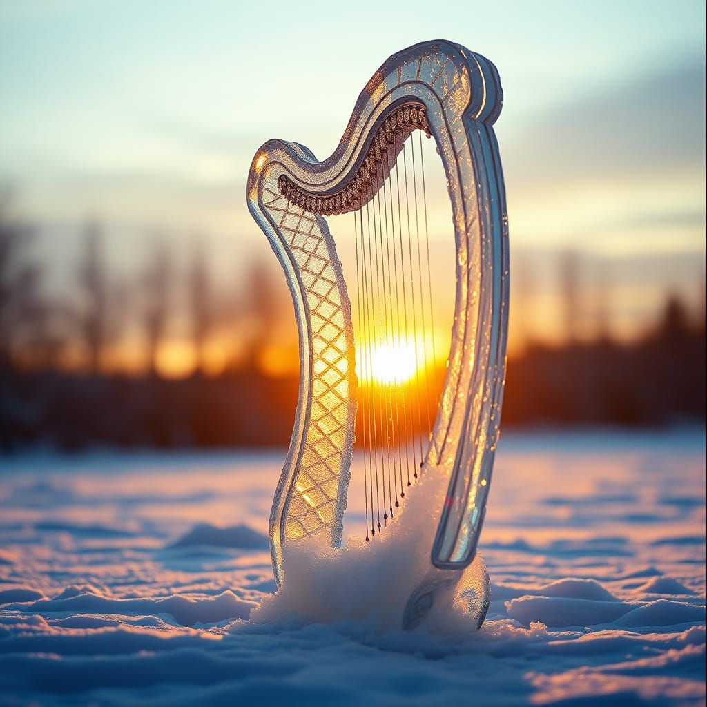 Ethereal Ice Harp in Snowy Sunset Landscape