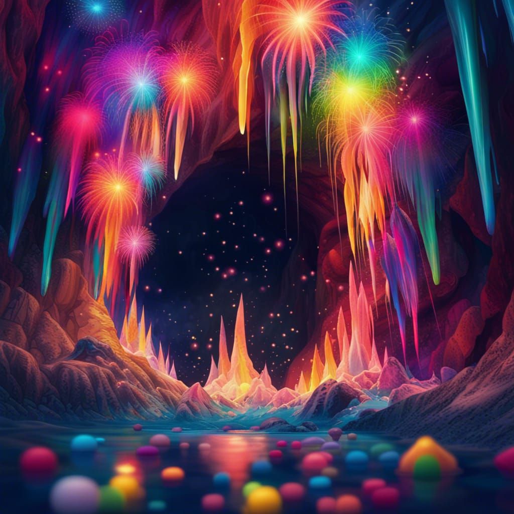 Rainbow Fireworks Erupting from Underwater Cave in Cyberpunk...