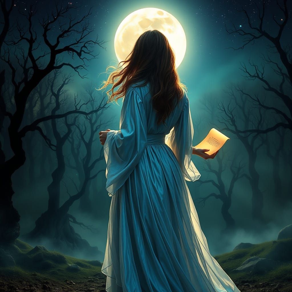 Mystical Woman in Shimmering Gown Under Starry Night Sky