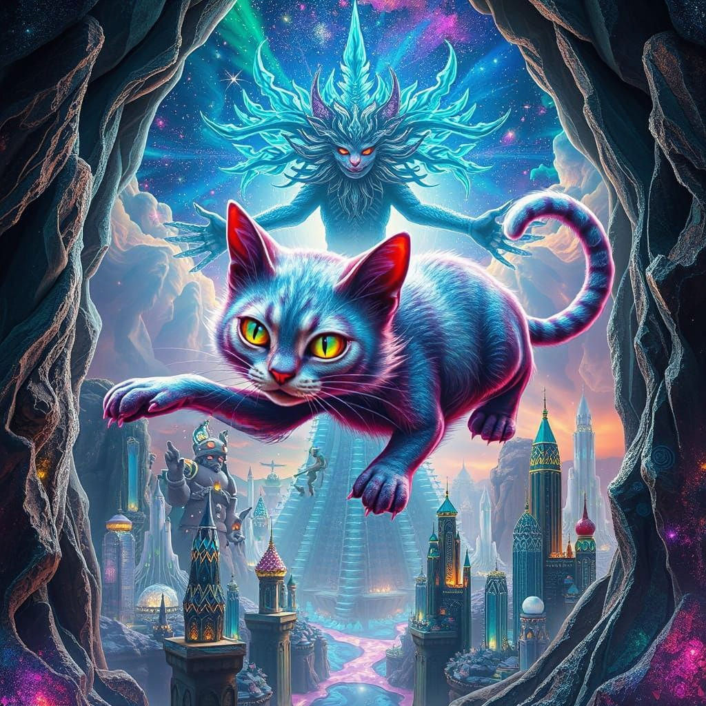 Ethereal Cyberpunk Cheshire Cat in Psychedelic Nebula