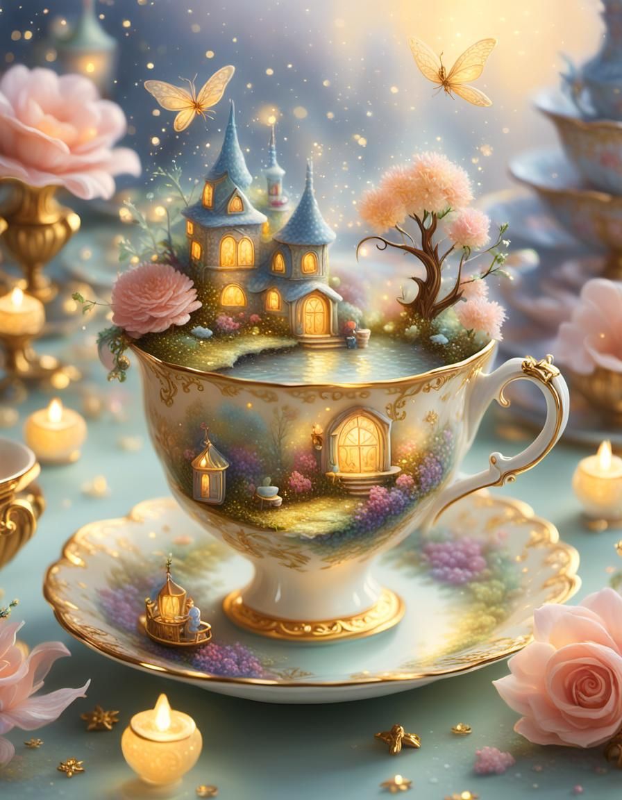 Fantasy Teacup Scene in Oil Painting Style