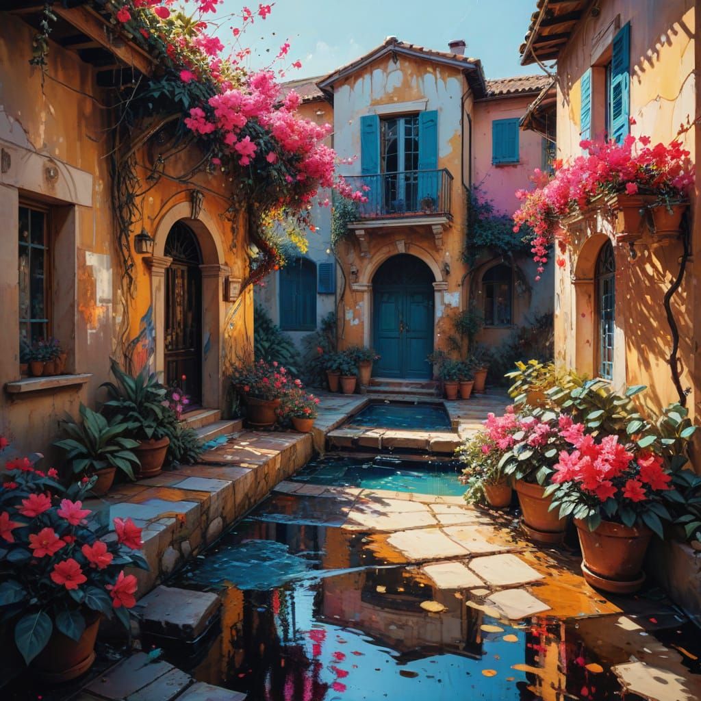 Serene Italian Courtyard in Vibrant Neo-Impressionist Style