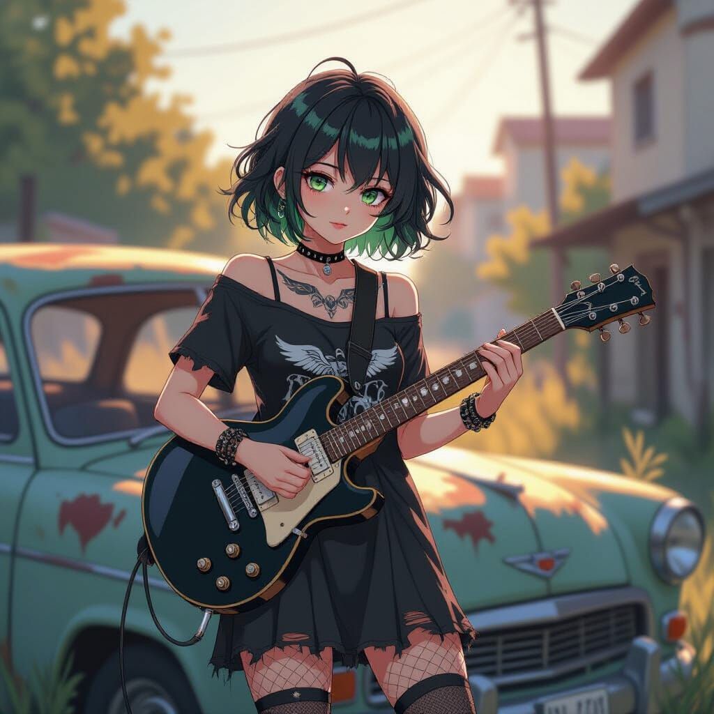 Emo Woman Playing Guitar on Car in Anime Style