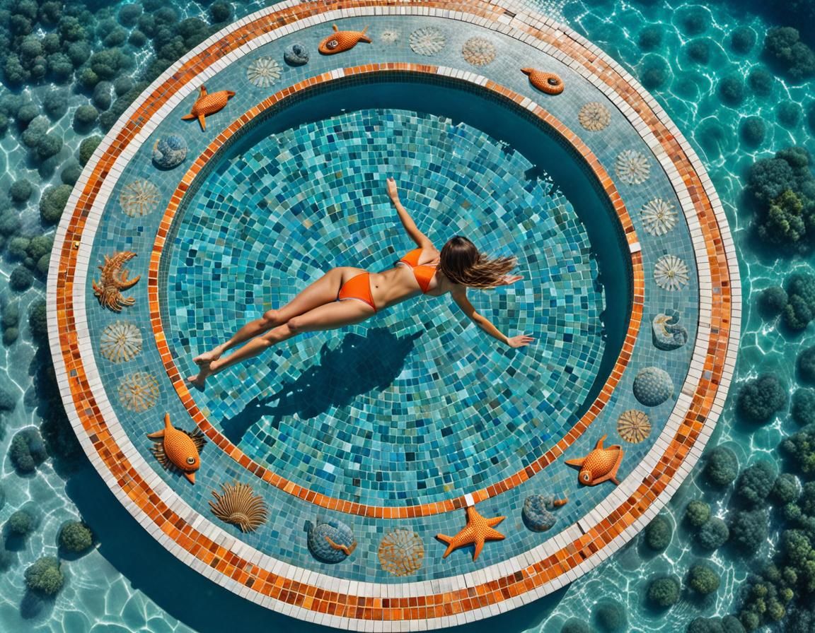 Girl Swims Over Zodiac Mosaic: Photorealistic Aerial View