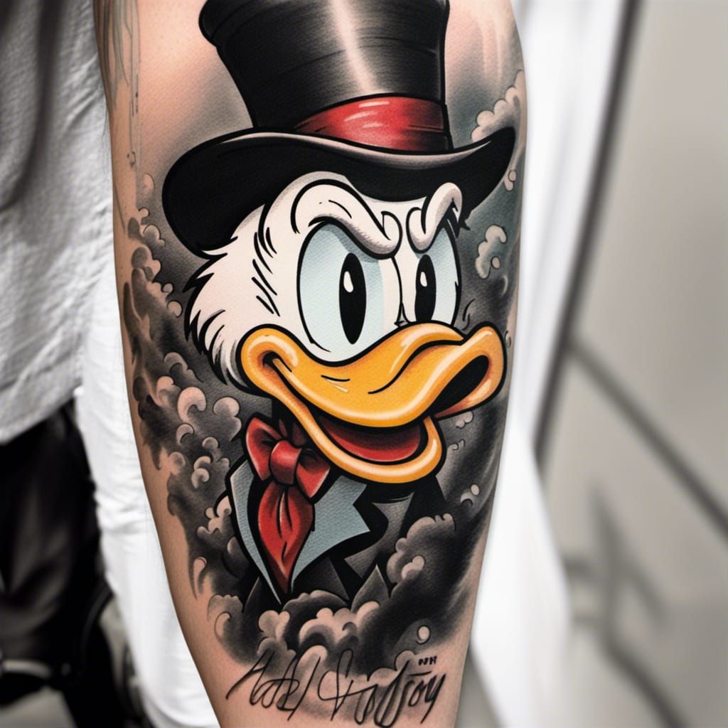 Angry Scrooge McDuck Tattoo in Black and White