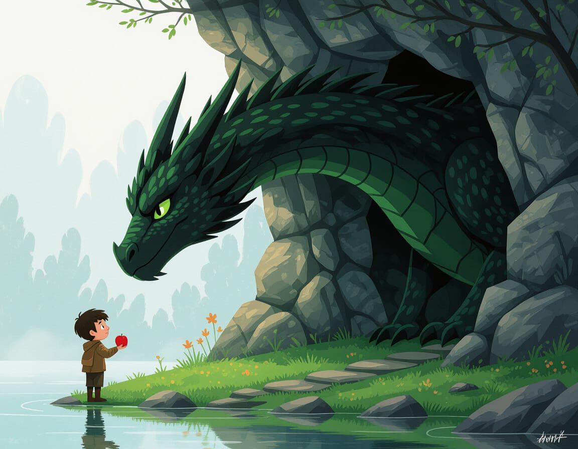 Boy Offers Apple to Dragon in Cartoon Style