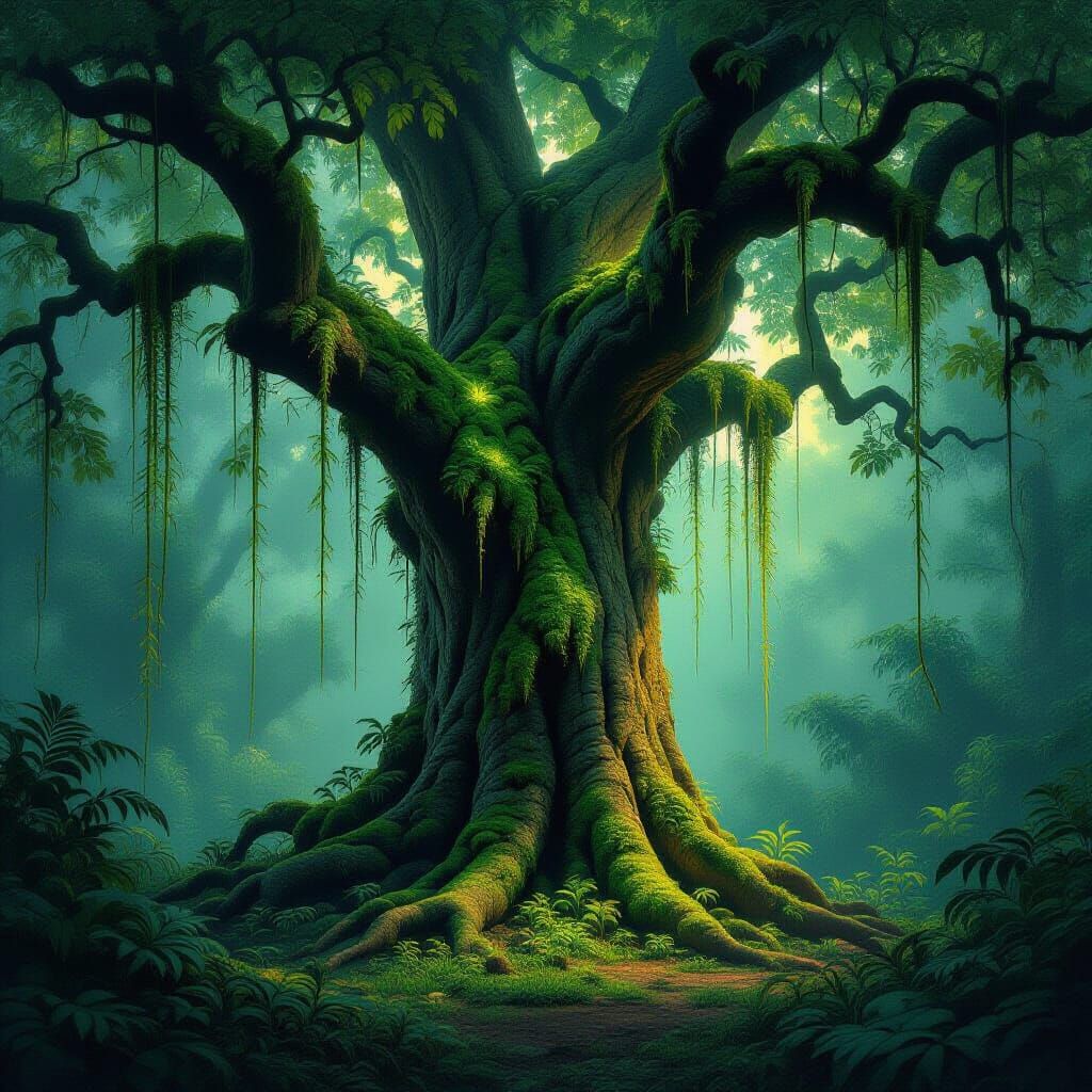 Majestic Ancient Tree With Bioluminescent Moss in Fantasy Ju...