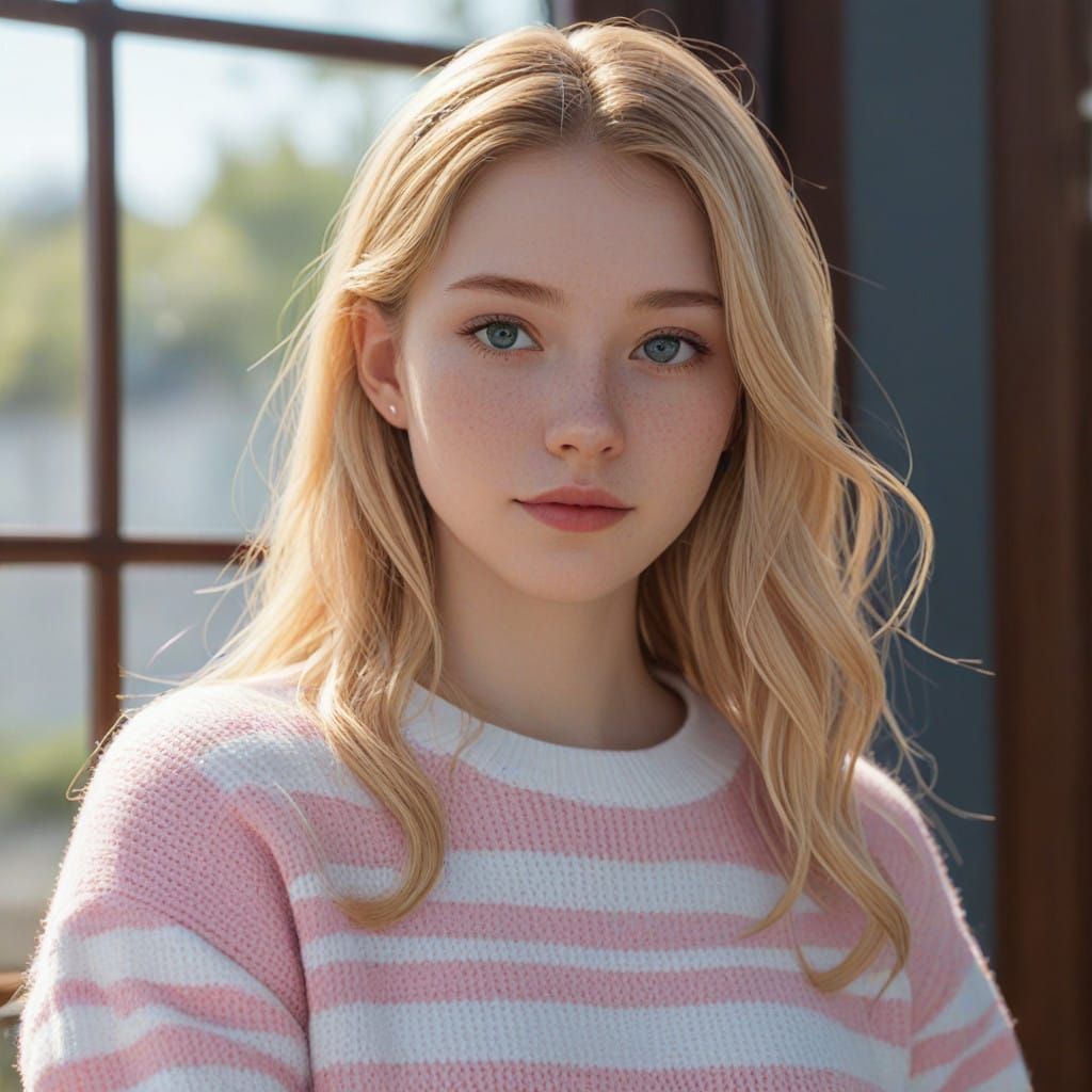 Gentle Girl in Pastel Stripes, Digital 3D Anime Art