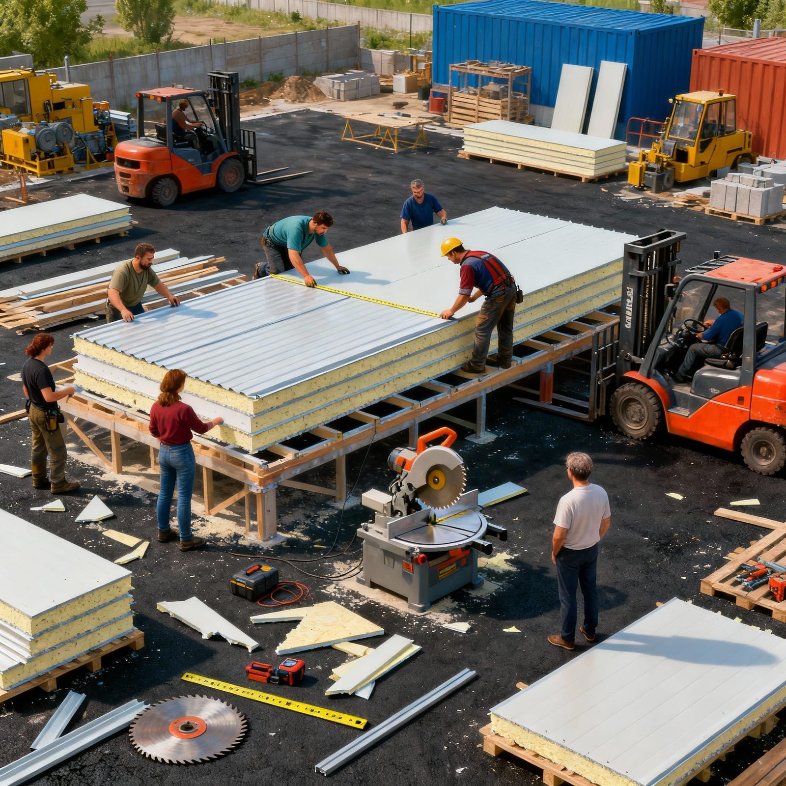 Construction Workers Install Roof Panels on Industrial Site