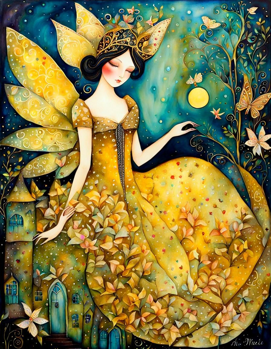 Golden Fairy Tale Woman: Mixed-Media Illustration