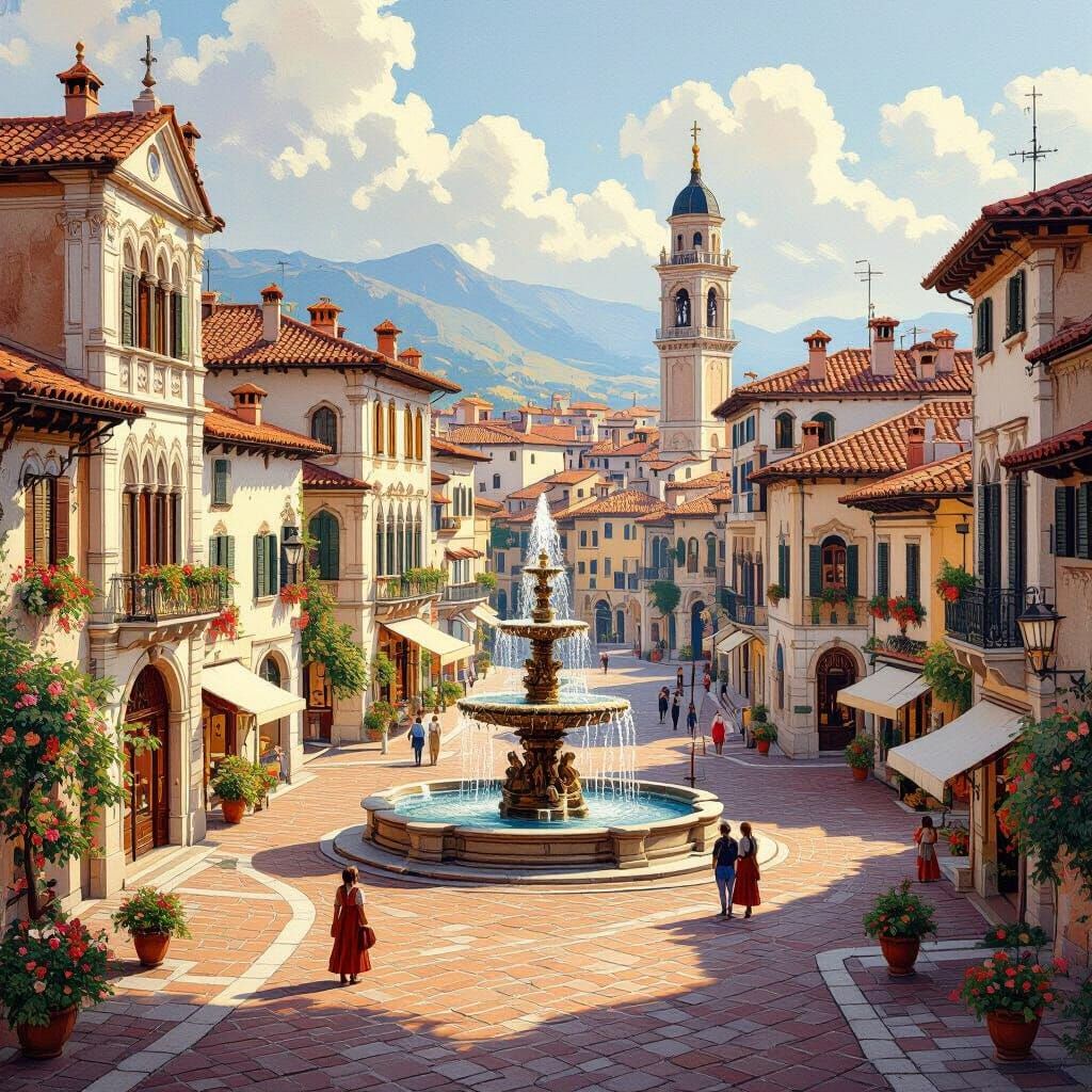Beautiful Renaissance Town Square in Golden Hour Light